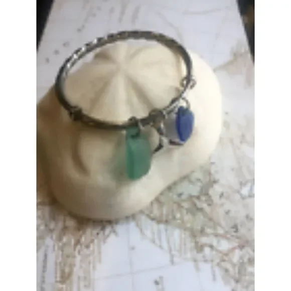 Cobalt Blue & Teal Sea Glass Bangle with Whale Tail - Picture 6 of 6